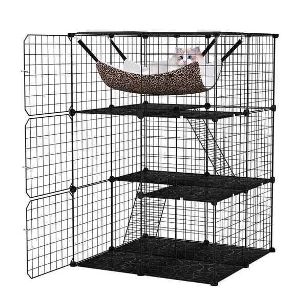 Yardi Yarda Indoor Cat Cage 3-Tier Enclosure Detachable Metal Kennel, Corner Cat Tree, Cat Climbing Tower, Cat Towers for Indoor Cats-Black