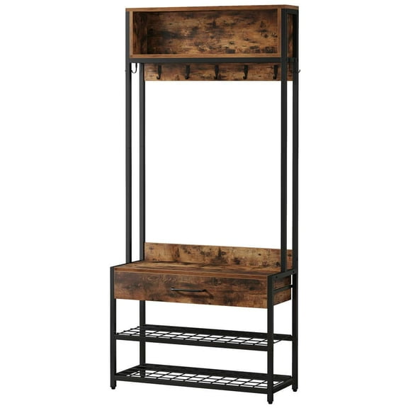 Yardi Yarda Industrial Coat Rack Shoe Bench, Entryway Hall Tree with Drawer & Hooks, Multifunctional Hall Rack, Black+Brown