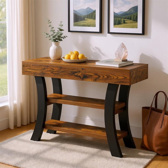 Yardi Yarda Industrial Rustic Console Table with Shelves and Metal Curved Legs, Entryway Sofa Side Table for Indoor, Brown