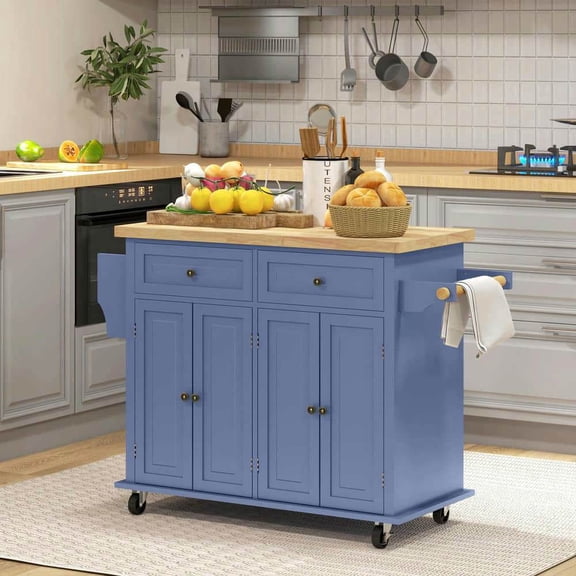 Yardi Yarda Kitchen Island on Wheels, Rolling Cart with Rubberwood Top and Spice Rack, Kitchen Island with Towel Rack and Drawers for Indoor, Navy Blue