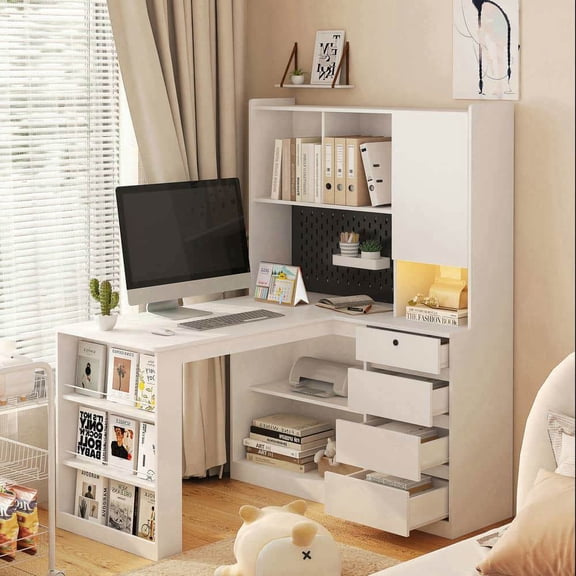 Yardi Yarda L Shaped Desk with Charger and LED Light, Computer Desk with Drawers and Bookshelf, Modern Corner Desk, L-Shaped Study Table Writing Desk, Corner Gaming Computer Desk for Indoor, White