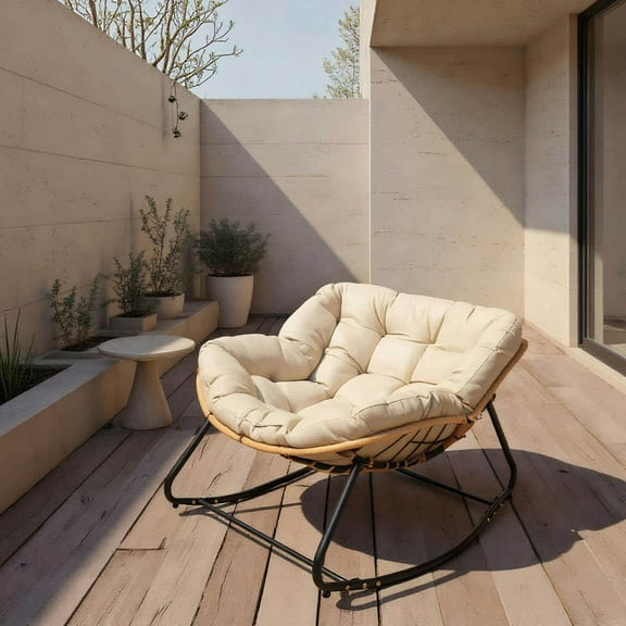Yardi Yarda Larger Rocking Chair, Patio Egg Rocking Chair, Papasan Chair, Rattan Wicker Lounge Chair, Modern Royal Chair for Indoor, Beige