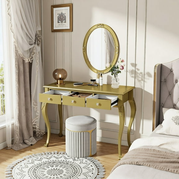 Yardi Yarda Luxury Makeup Vanity Desk with Oval Mirror, 3-Drawer Dressing Table, Elegant Console Table for Indoor, Gold