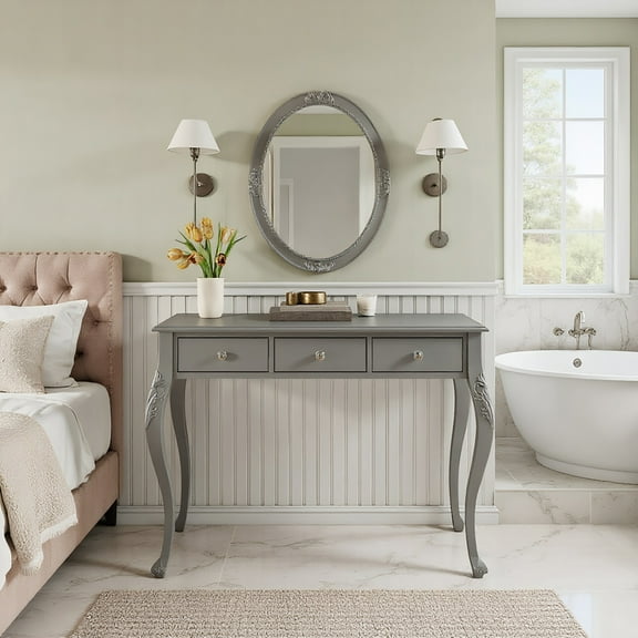 Yardi Yarda Luxury Makeup Vanity Desk with Oval Mirror, 3-Drawer Dressing Table, Elegant Console Table for Indoor, Silver
