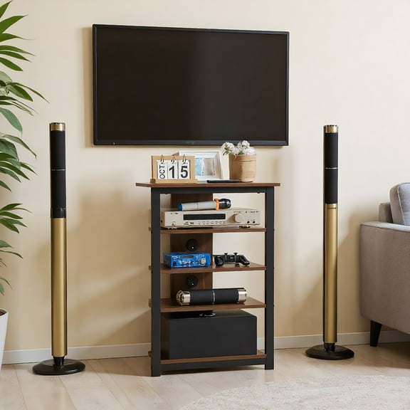 Yardi Yarda Media Stand with 4-Tier Audio Rack, AV Media Corner Shelf with Cable Management for Indoor, Brown