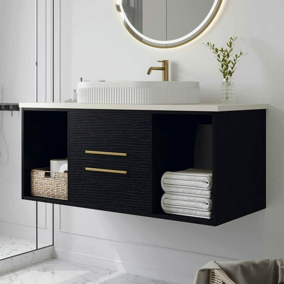 Yardi Yarda Modern 40 Inch Wall-Mounted Bathroom Vanity with Oval Ceramic Sink Floating Vanity, Multi-Layer Solid Wood Cabinet with Soft-Close Drawers and Open Shelf Storage for Indoor, Black