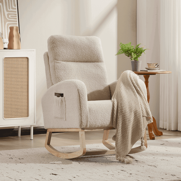 Yardi Yarda Modern Accent Rocking Chair with Side Pocket and High Backrest, Rocking Chair with Solid Wood Legs, Upholstered Nursery Glider Rocker, Beige