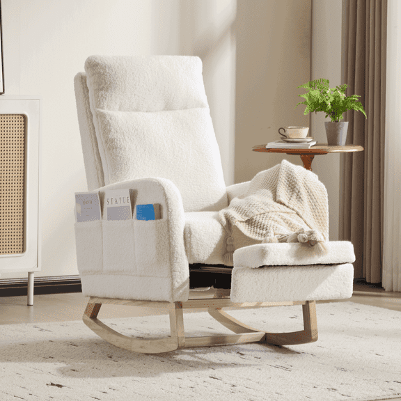 Yardi Yarda Modern Accent Rocking Chair with Side Pocket, Rocking Chair with Solid Wood Legs, Upholstered Nursery Glider Rocker, Lounge Arm Chair with High Backrest, White