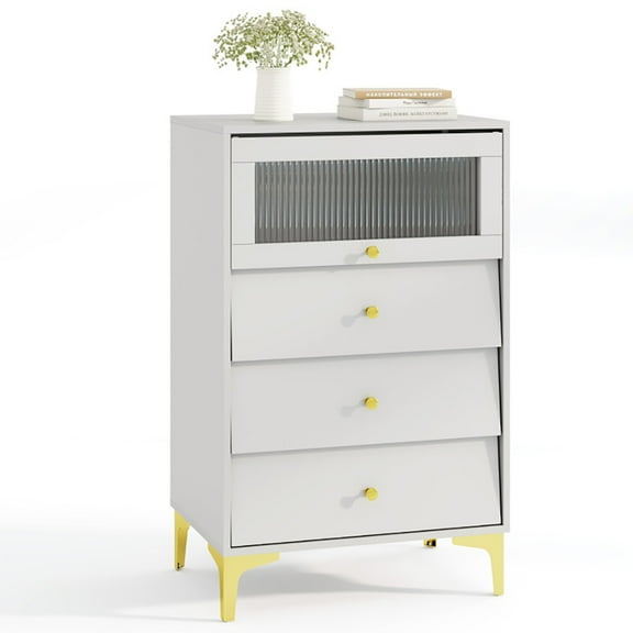 Yardi Yarda Modern Storage Cabinet with Flip Up Fluted Glass Door and Pull-out Drawers-Gray