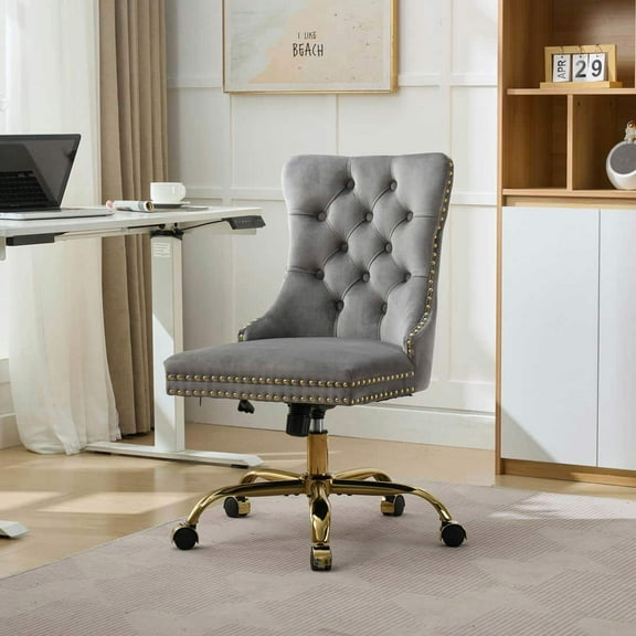 Yardi Yarda Modern Velvet Upholstered Tufted Button Chair, Adjustable Desk Chair with Golden Metal Base, Swivel Chair for Indoor, Gray