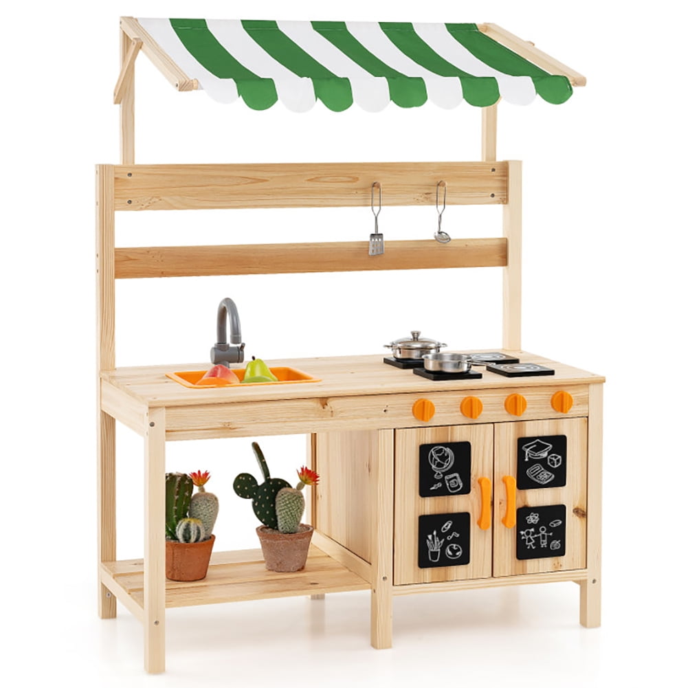 Yardi Yarda Mud Kitchen Fir Wood Play Kitchen with Canopy and Sink and 4 Stoves, Natural Yardi Yarda Mud Kitchen Fir Wood Play Kitchen with Canopy and Sink and 4 Stoves, Natural