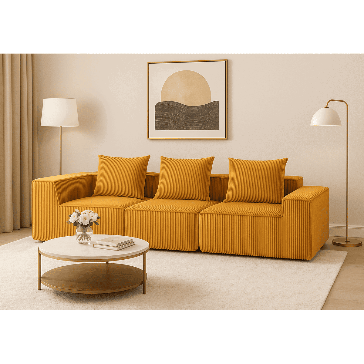 Yardi Yarda Multi Person Modular Compression Sofa, Luxurious Corduroy Fabric Sofa with All-Compressed Design for Indoor, No Assembly Required, Orange