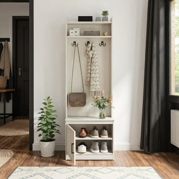 Yardi Yarda Narrow Hall Tree with Shoe Storage Bench, Rustic Entryway Bench with Coat Rack, Accent Coat Tree with Storage Shelves for Indoor, White
