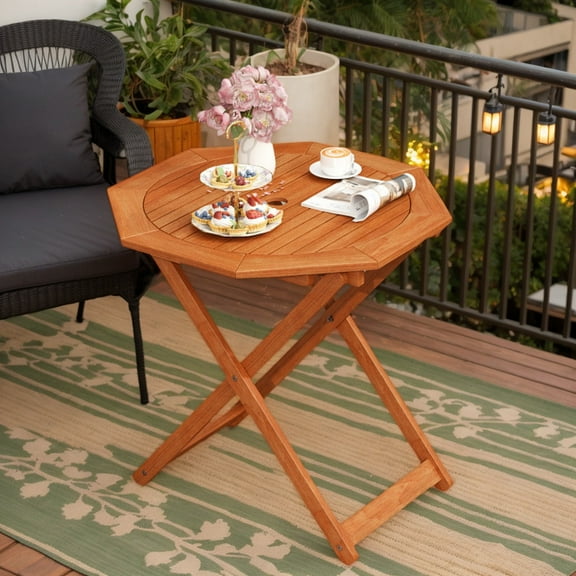 Yardi Yarda Octagon Folding Patio Table with 2 Inches Umbrella Hole, PatioCoffeeTable for Outdoor as Yard, Brown