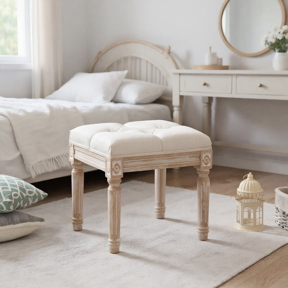 Yardi Yarda Ottoman Bench Vintage Footrest with Button Tufted Seat, Carved Wooden Legs for Indoor, Beige