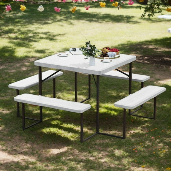 Yardi Yarda Outdoor Square Picnic Table Bench Set for 4-8 People, Table Bench Set with Umbrella Hole for Outdoor as Yard, White
