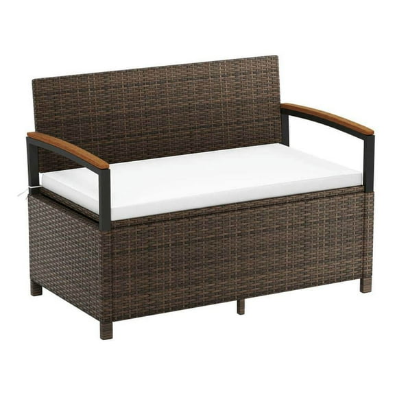 Yardi Yarda Outdoor Storage Bench Deck Box Patio Furniture with Cushion, Hand-Woven PE Rattan Storage Box, White