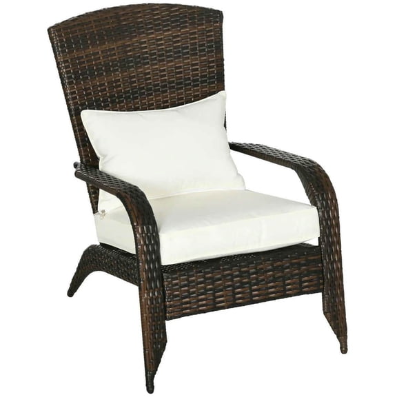 Yardi Yarda Patio Wicker Adirondack Chair with Soft Cushions, Outdoor All-Weather Rattan Fire Pit Chair with Tall Curved Backrest and Comfortable Armrests, Cream White
