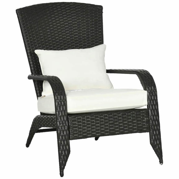 Yardi Yarda Patio Wicker Adirondack Chair with Tall Backrest and Tilted Seat, Outdoor Rattan Fire Pit Chairs with Soft Cushions, Brown+White