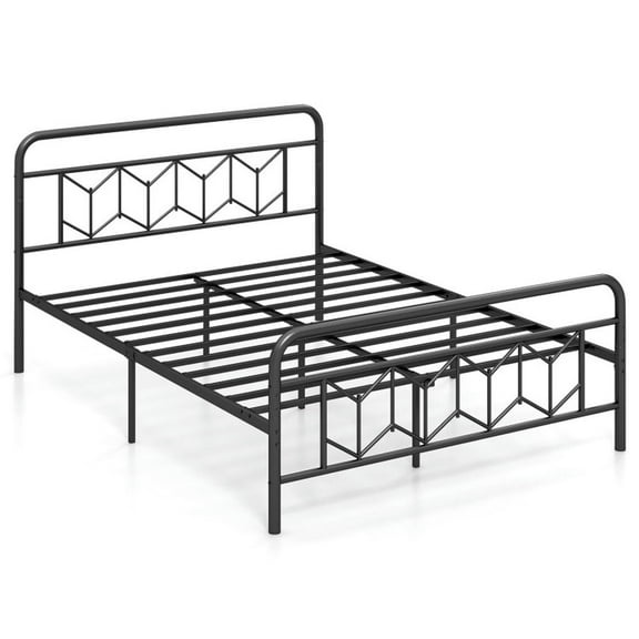 Yardi Yarda Platform Bed with High Headboard and Snap Lock Metal Slats, Queen Size, Simple Bed Frame for Indoor, Black