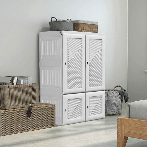Yardi Yarda Portable Wardrobe with 3 Compartments and Hanging Rod, Clothes Storage Organizer with Magnet Doors, Foldable Wardrobe Organizer for Indoor, White