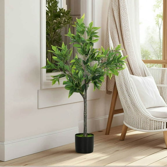 Yardi Yarda Potted Fake Plant, Lifelike Laurel Artificial Tree with 345 PEVA Leaves for Indoor, Green