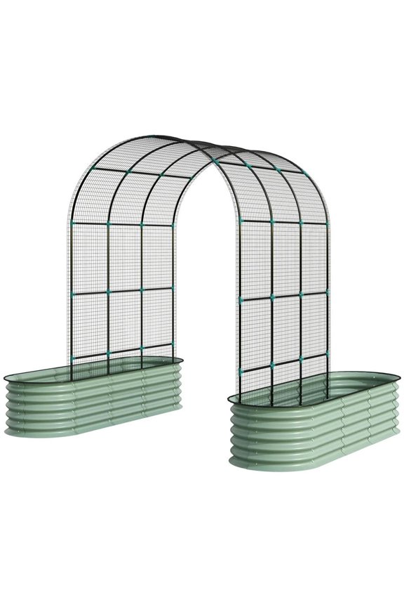 Raised Garden Beds Set with Arch Trellis, Climbing Net, Galvanized Planter Box for Outdoor Climbing Vegetables Flowers Herbs, Green