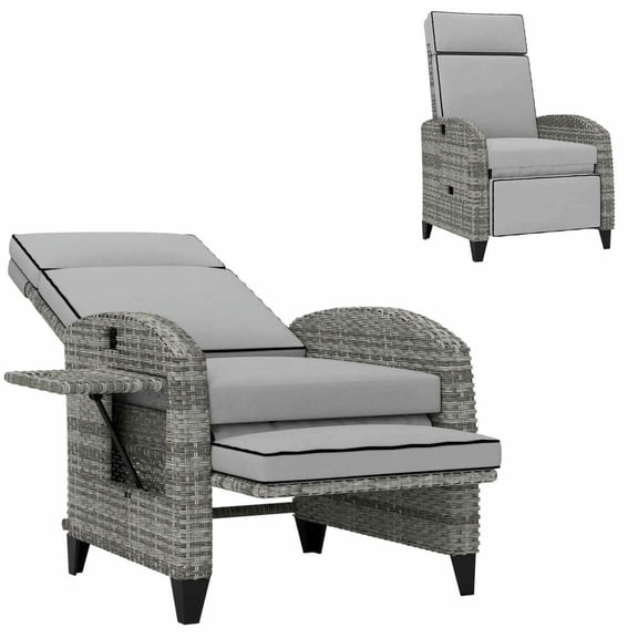 Yardi Yarda Recliner Chair with Cushions, Reclining Patio Lounge Chair with Adjustable Footrest, Armrests, Tray Table, Gray