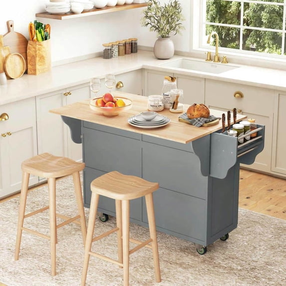 Yardi Yarda Rolling Kitchen Island Cart with 2 Drawers and 2 Storage Cabinets, Kitchen Cart on Wheels with Rubber Wood Top, Island Table with Drop Leaf for Indoor, Dark Gray