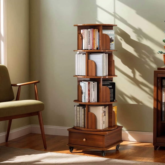 Yardi Yarda Rotating Bookshelf with Drawer, 360 Display 5 Tier Corner Bookshelf for Small Space, Floor Standing Bookcase Storage Rack, Wood Narrow Book Shelf Organizer, Brown