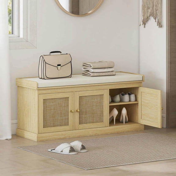 Yardi Yarda Shoe Storage Bench with Woven Rattan Doors, Entryway Bench with Cushion and Adjustable Shelves, Shoe Bench for Indoor, Brown