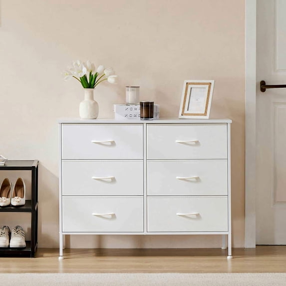 Yardi Yarda Six-Drawer Cabinet, Tall Dresser Fabric Storage Tower, Wooden Top for Indoor as Living Room, Bedroom, White