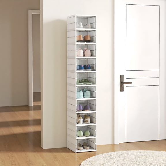 Yardi Yarda Stackable Plastic Shoe Boxes with Clear Door, 10 Pack Foldable Shoe Storage Boxes for Indoor, No Assembly, White