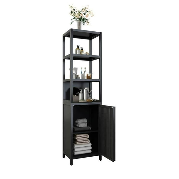 Yardi Yarda Tall and Slim Cabinet with Shutter Door and 3 Tier Shelves, Freestanding Linen Tower Cabinet, Storage Cabinet for Indoor, Black
