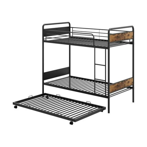 Yardi Yarda Twin Over Twin Bunk Bed with Trundle with Ladder and Full-length Guardrails, Bunk Bed Frame for Indoor, Black