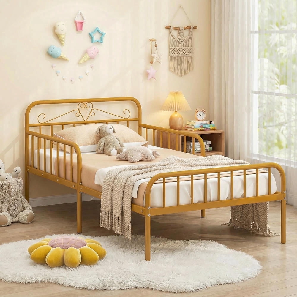 Yardi Yarda Twin Size Bed Frame with Headboard and Safety Side Guardrails, Simple Bed Frame for Indoor, Gold