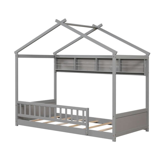 Yardi Yarda Twin Size House Bed with Storage Shelf and Headboard, Simple Bed Frame for Indoor, Gray