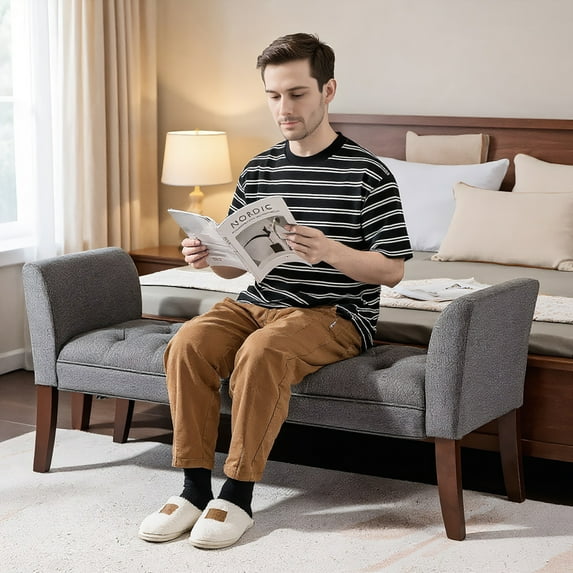 Yardi Yarda Upholstered Bedroom Entryway Bench with Button Tufted Design, Bed Bench with Arms and Solid Wood Legs for Indoor, Dark Gray