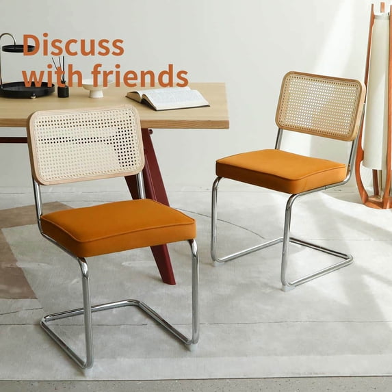 Yardi Yarda Velvet Rattan Side Accent Chairs Set of 2 with Chrome Legs, Modern Mid Century Breuer Designed Chairs, Upholstered Chairs for Indoor, Orange