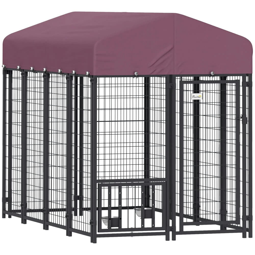 Yardi Yarda Welded Wire Outdoor Dog Kennel with 360° Rotating & 4 Levels Adjustable Bowls, Waterproof Cover, 7.9' x 4' x 6', Red
