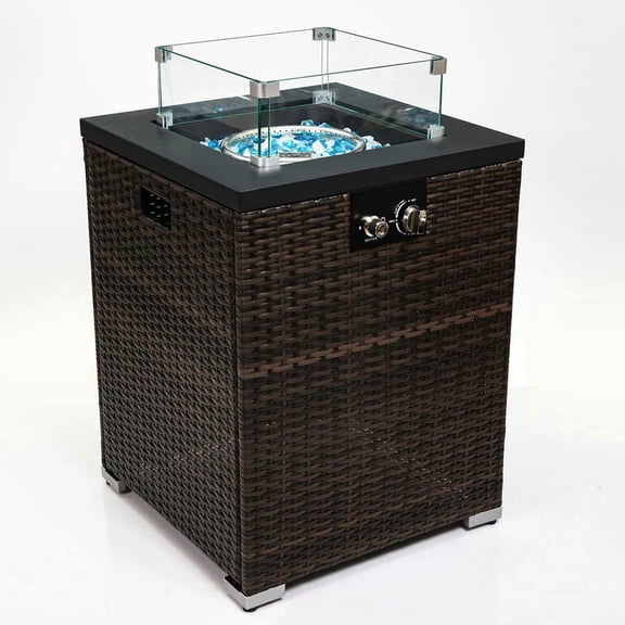 Yardi Yarda Wicker Fire Pit Column with Glass Wind Guard and Steel Tabletop Lid, Wicker Fire Table with Durable PE Wicker, Fire Table for Outdoor, Brown