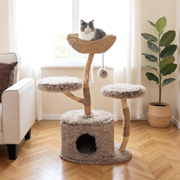Yardi Yarda Wood Tree Solid Pear Cat Tree w/Perch & Sisal Posts, Corner Cat Tree, Cat Climbing Tower, Cat Towers for Indoor Cats-Brown