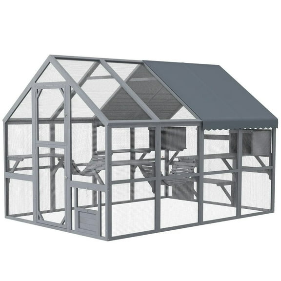 Yardi Yarda Wooden Catio Outdoor Cat Enclosure with Waterproof Cover, 2 Condos, 6 Platforms, Bridge, Doors, Gray