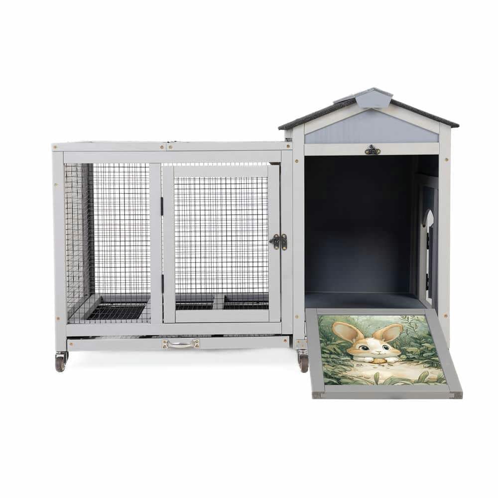 Yardi Yarda Wooden Rabbit Hutch, Small Animal House with Casters, Bunny Cage Pet House with Weatherproof Roof and Removable Tray for Rabbits, Ducks, Squirrels, and Guinea Pigs, Grey