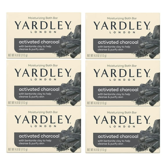 Yardley Activated Charcoal with Bentonite Clay Moisturizing Bar Soap Naturally Cleanse and Purify Skin for Men Women's Home Travel Cleansing Daily Bath Soap 4 Ounce (Pack of 6)