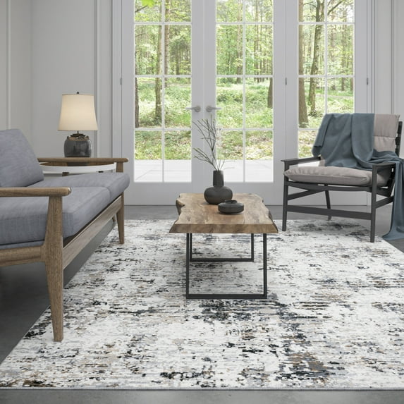 Yardley Distressed Contemporary Abstract Gray, Beige Indoor Area Rug, 4' x 5'
