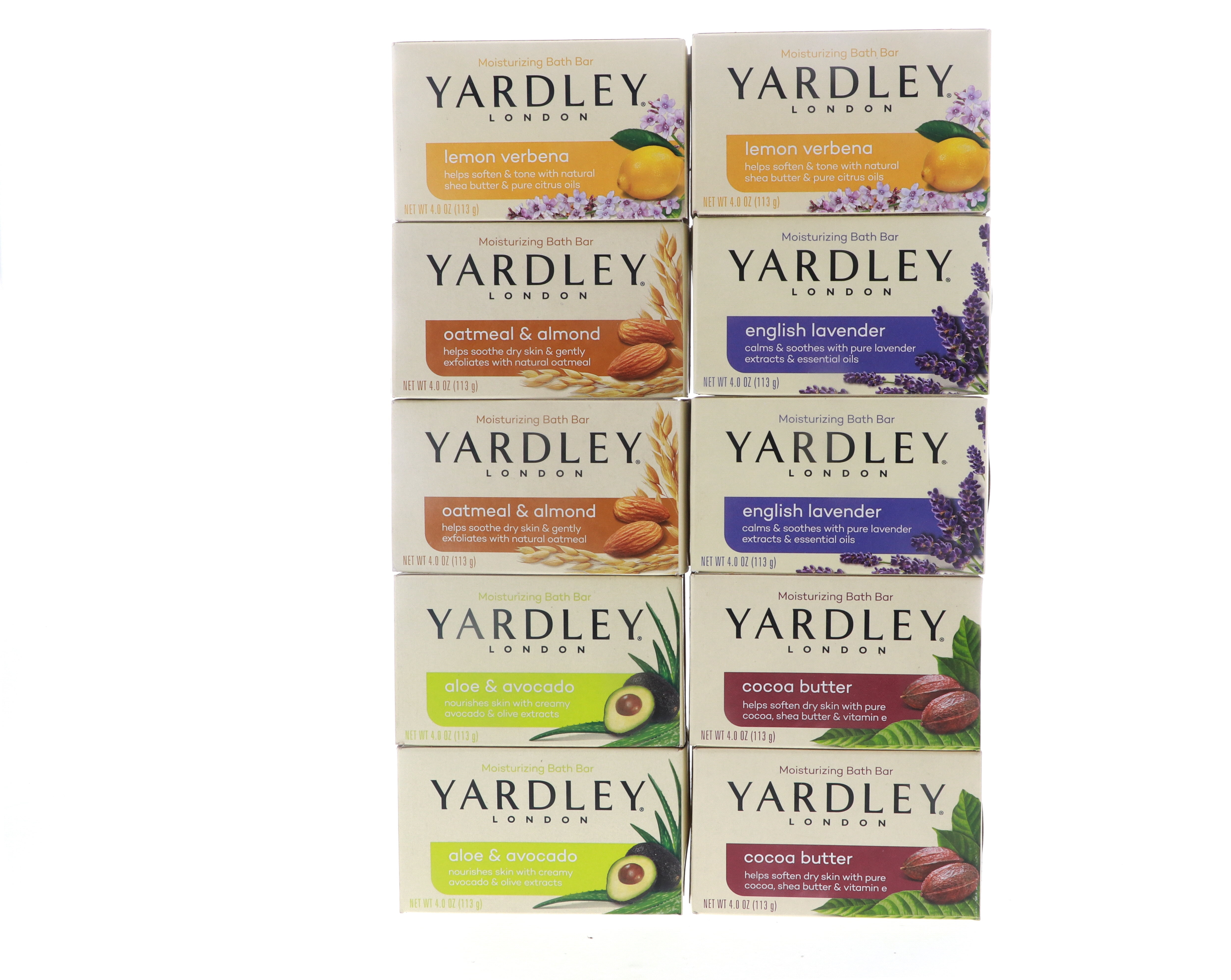 Yardley London Soap Bath Bar Bundle - 10 Bars: English Lavender, Oatmeal and Almond, Aloe and Avocado, Cocoa Butter, Lemon Verbena 4.25 Ounce Bars (Pack of 10 Bars, Two of each) Basic
