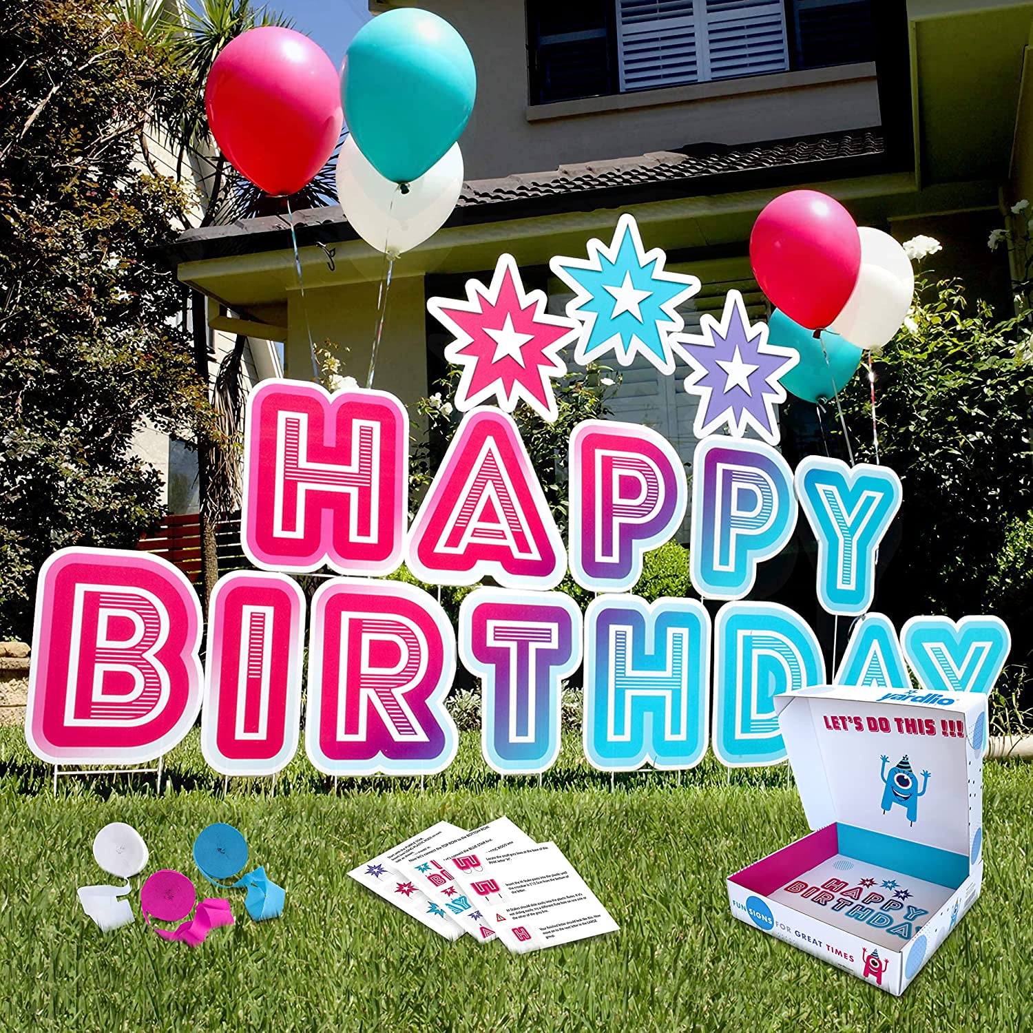 Yardlio Multicolored 3-in-1 Happy Birthday Yard Signs with Stakes and Stars, Tool-Free Installation, Waterproof, Durable