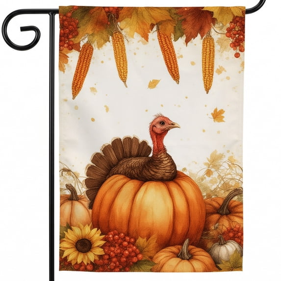 Yardlyne Thanksgiving Outdoor Flag,A turkey sitting on top of a pumpkin ...