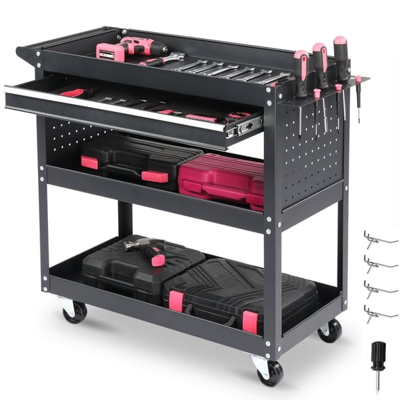 Seizeen 3 Tier Rolling Tool Cart, Industrial Utility Cart on Wheels, Rolling Tool Box with Drawer, Pegboard, 4 Hooks, Heavy Duty Garage Tool Chest Storage, Max Weight 330LBS